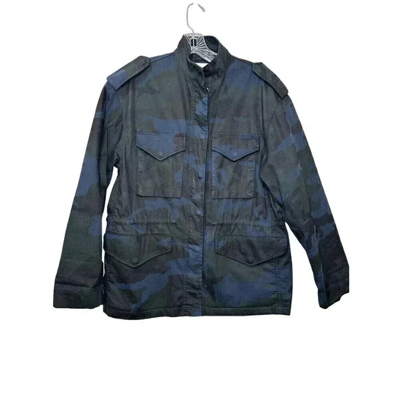 Nili Lotan Womens Jedd Jacket Coat Cotton Blue Camo Pointed Collar Size Medium - Picture 2 of 8